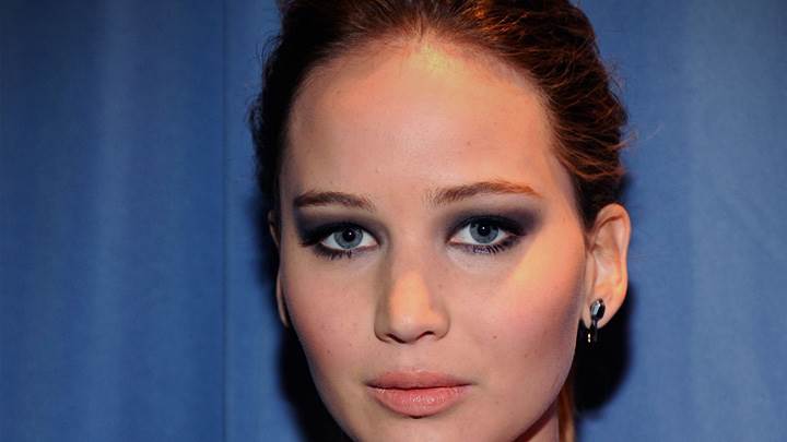 Jennifer Lawrence Looking At Camera Front Face Closeup N Blue Background